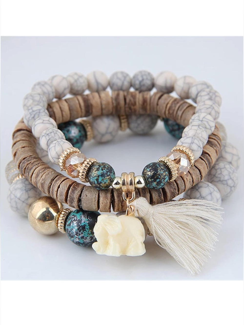 Ivory Tassel & Brown Stackable Beaded Bracelet Set - Picture 4 of 4